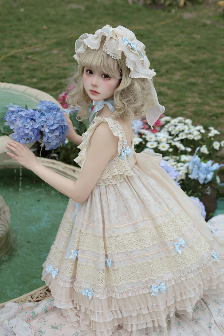 Beige [Little Wind Chime] Sleeveless Multi-Layered Printed Ruffled Bow Lace Sweet Elegant Princess Lolita Jsk Dress