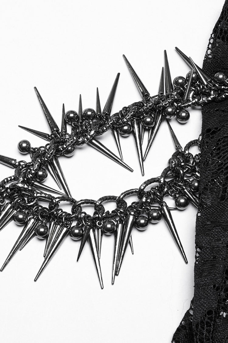 Black Embroidery Split Lace Women's Gothic Skirt with Studded Chain