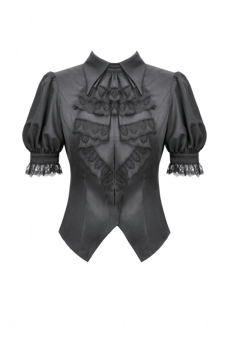 Black Point Lapel Collar Short Puff Sleeves Women's Gothic Blouse with Removable Rosette Cravat
