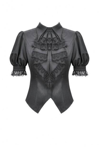 Black Point Lapel Collar Short Puff Sleeves Women's Gothic Blouse with Removable Rosette Cravat