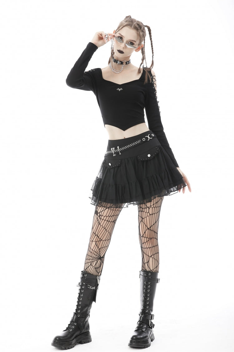 Black Long Sleeves Irregular Strappy Bat Women's Punk Crop Top