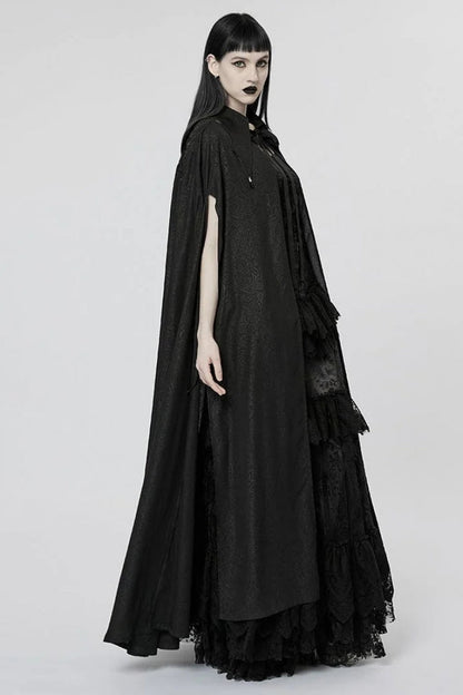 Black Mesh Lapel Collar Lace Jacquard Womens Gothic Cloak