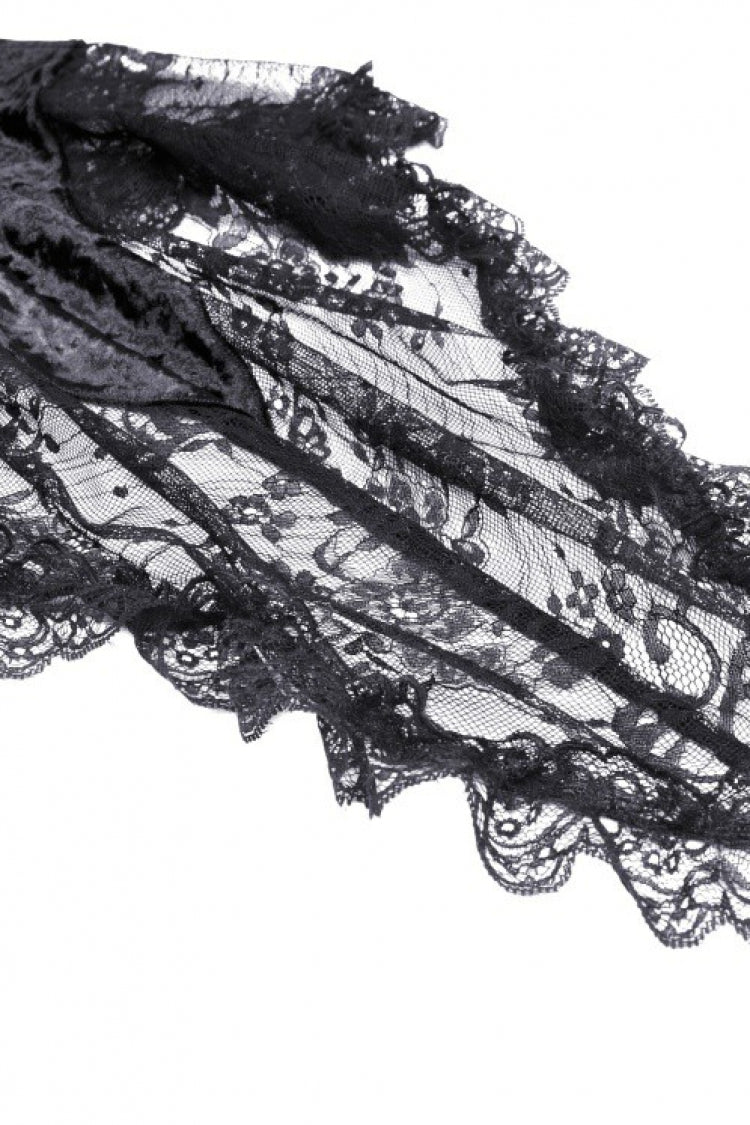 Black Irregular Long Trumpet Sleeves Lace Spliced Women's Gothic Velvet Graduation Dress