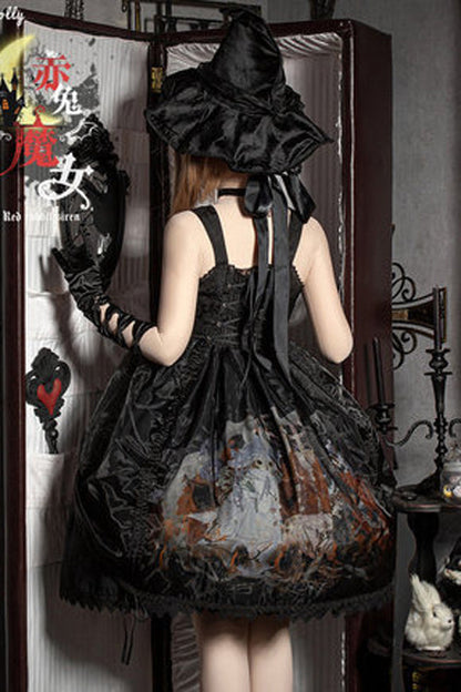 Black Lace Ruffled Organza Material Witch High Waisted Gothic Lolita JSK Dress