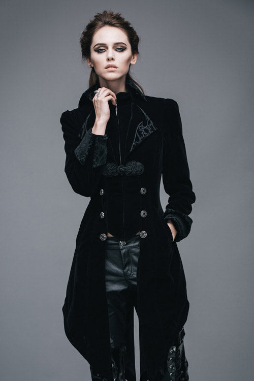 Black Embroidered High Collar Dovetail Velveteen Womens Gothic Coat