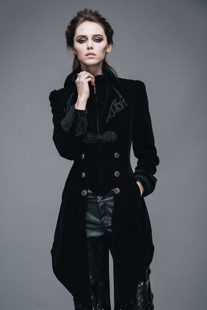 Black Embroidered High Collar Dovetail Velveteen Womens Gothic Coat
