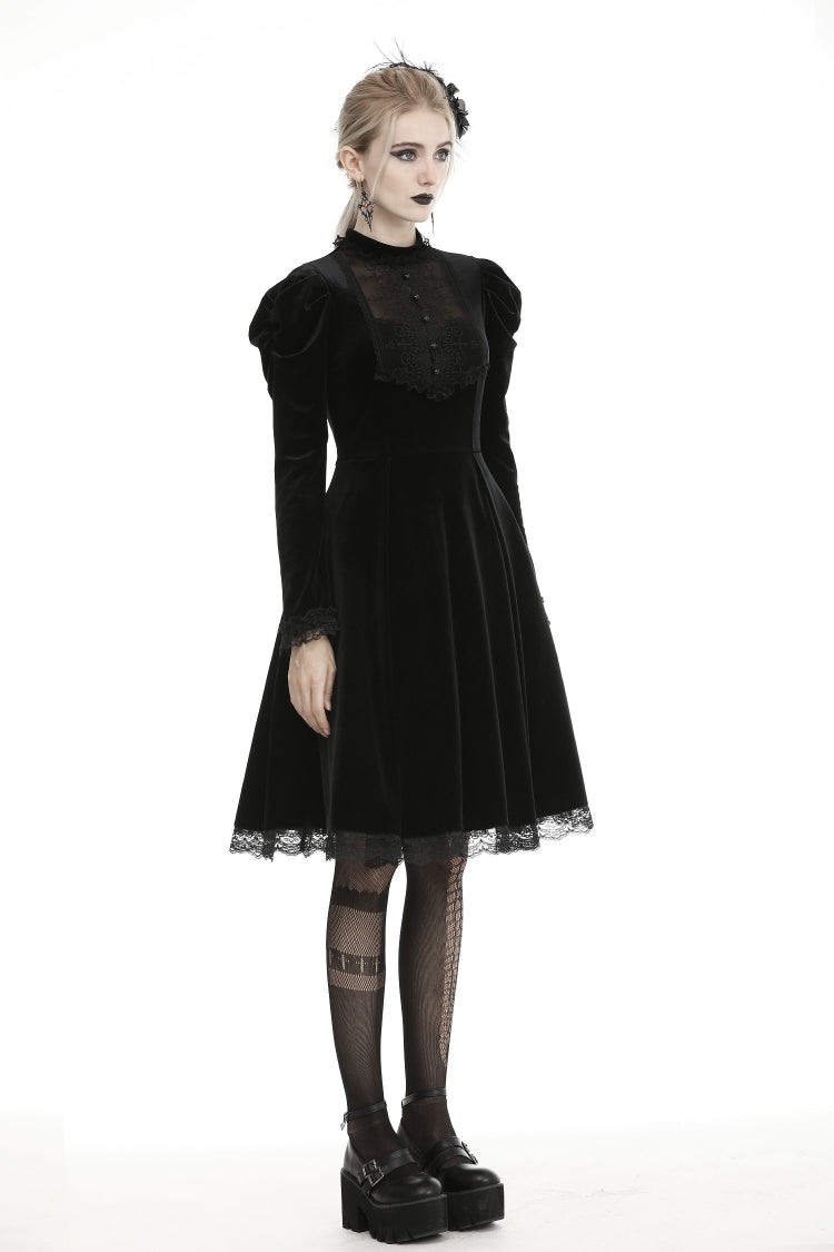 Black Lace Long Puff Sleeves Women's Gothic Velet Dress