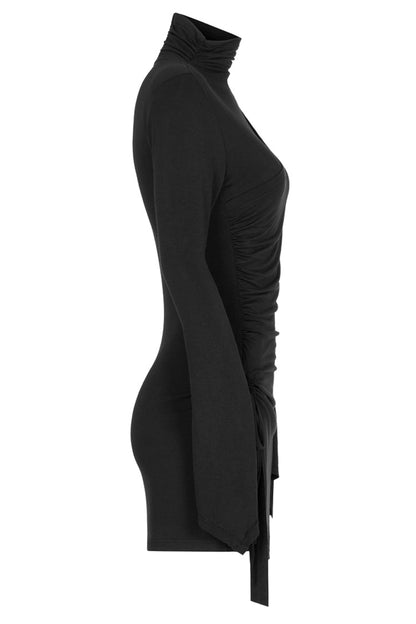 Black Cashmere Knitting Cross Fold Tie Rope Design High Collar Pleated Fit Women's Punk Dress