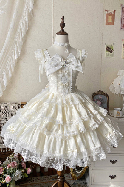 Beige [Sweet Mist Cherry Romance] Sleeveless Multi-Layered Hanayome Bow Lace Lolita Jsk Dress