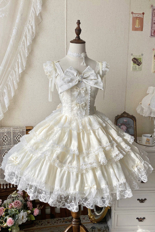 Beige [Sweet Mist Cherry Romance] Sleeveless Multi-Layered Hanayome Bow Lace Lolita Jsk Dress