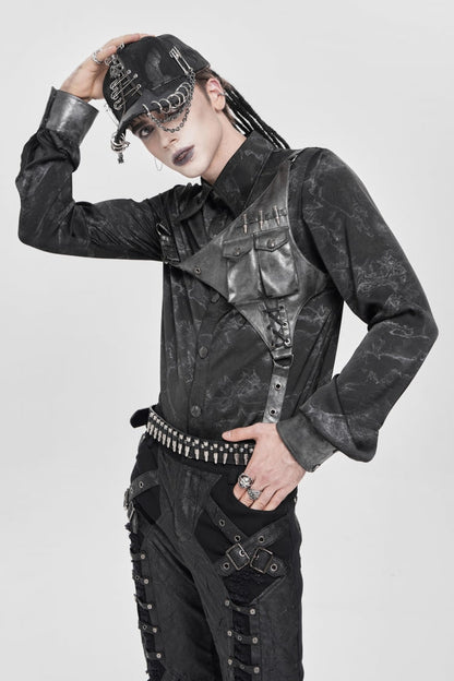 Black Long Sleeves Print Stitching Asymmetric Bullet Men's Punk Blouse
