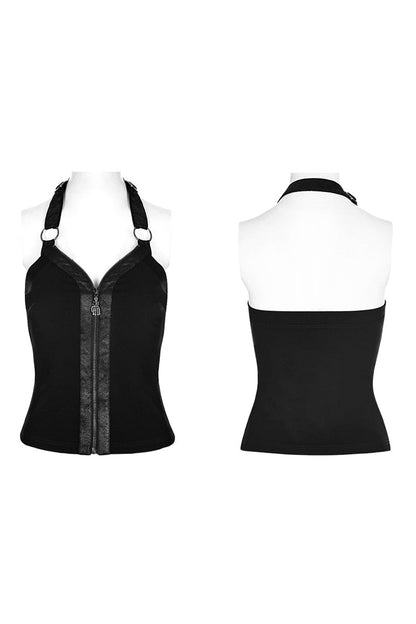 Black Halterneck Sleeveless Embroidery Zipper Backless Women's Punk Vest