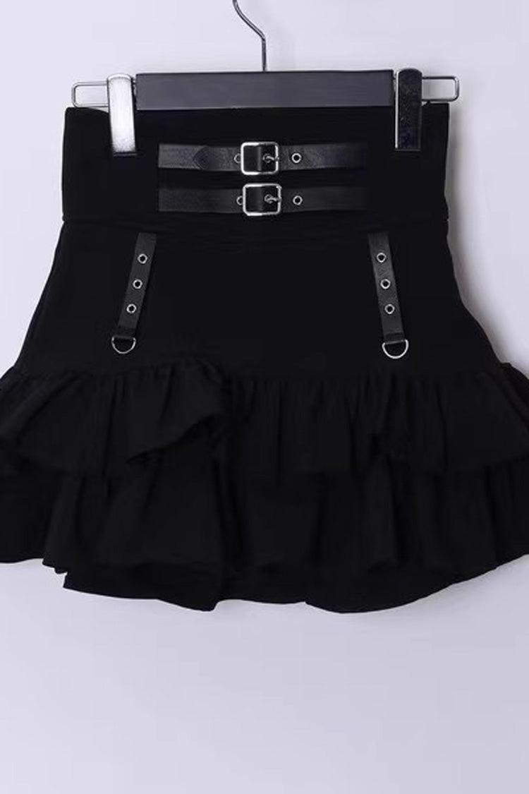 Black High Waisted Ruffle Leather Buckle Gothic Jirai Kei Japanese Skirt