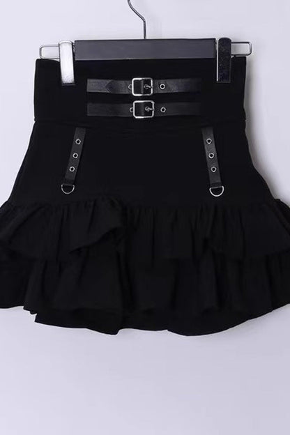 Black High Waisted Ruffle Leather Buckle Gothic Jirai Kei Japanese Skirt