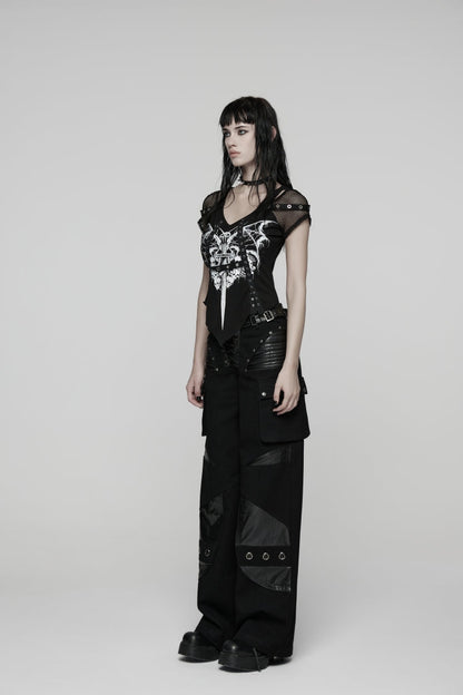 Black Lace Lace-Up Buckled Women's Big Pocket Punk Pants