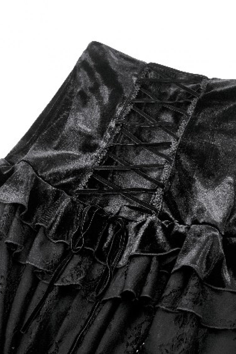 Black Multi-Layered Ruffled Velvet Spliced Lace Lace-Up Women's Gothic Long Skirt