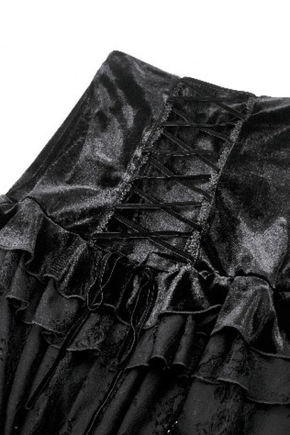 Black Multi-Layered Ruffled Velvet Spliced Lace Lace-Up Women's Gothic Long Skirt