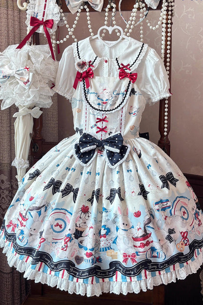Beige [Mystery Rabbit Tea Party] Sleeveless Print Ruffle Bowknot Lace Sweet Lolita Jsk Dress