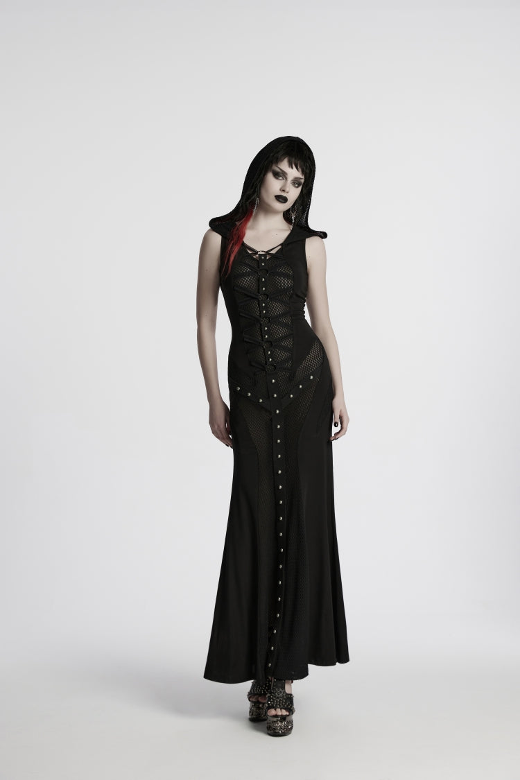 Black Off Shoulder Sleeveless Spliced Lace-Up Slim Mesh Studded Eyelet Women's Punk Dress