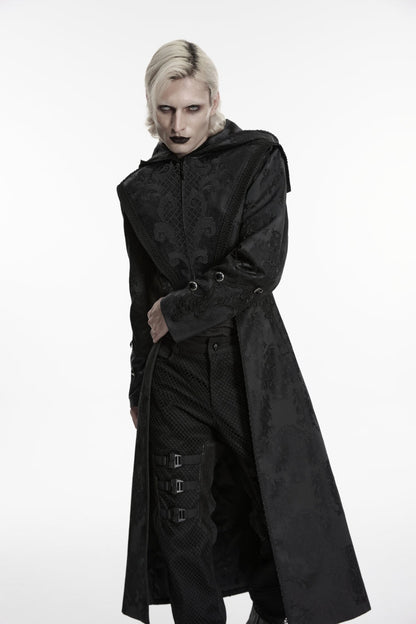 Black Long Sleeves Jacquard Embroidered Spliced Lace Hooded Color-Blocked Men's Punk Cool Coat
