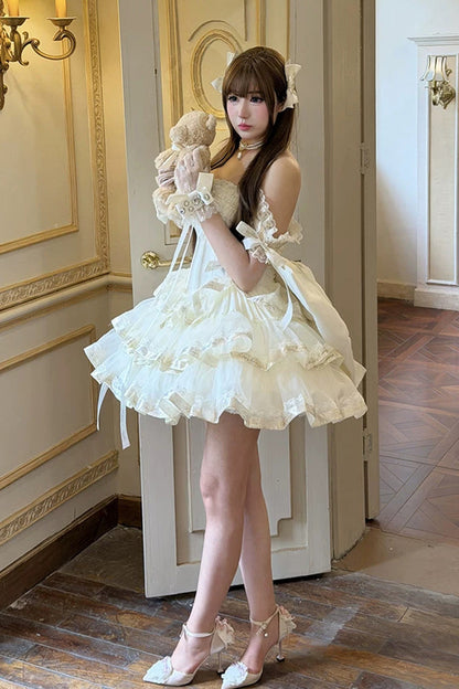 Apricot [Princess Ribbon] Off Shoulder Triple-Layered Ruffle Bowknot Sweet Lolita Dress