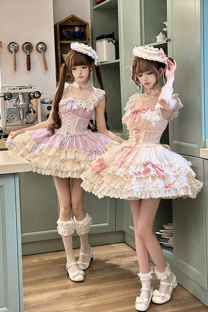 Apricot [Flory Butterfly] Double-Layered Ruffle Bowknot Lace Lace-Up Sweet Ballet Lolita Jsk Dress