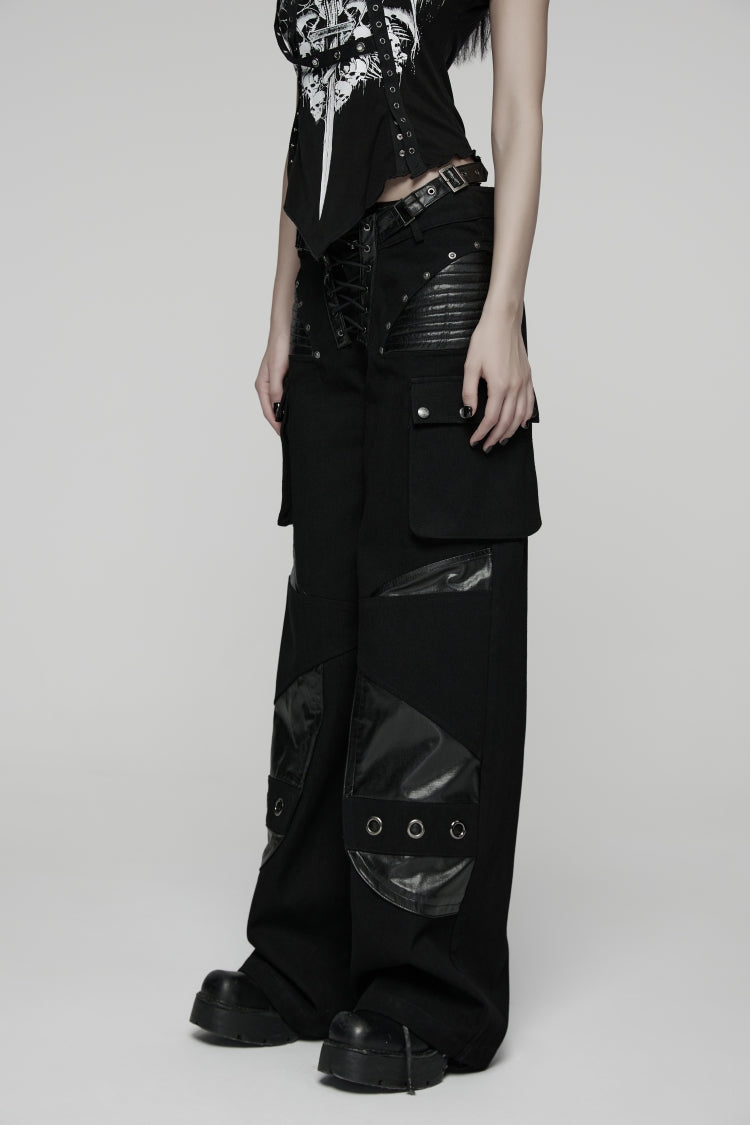 Black Lace Lace-Up Buckled Women's Big Pocket Punk Pants
