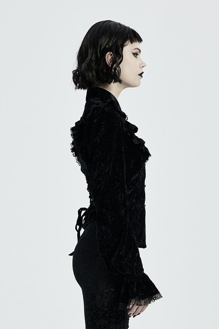 Black Gothic Velvet High Collar Front Chest Flounce Lace Cuff Back Waist Lace Up Print Women's Blouse
