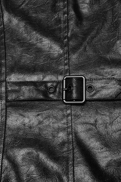 Black Long Sleeves Ruched Faux Leather Stitching Hooded Detachable Men's Punk Coat