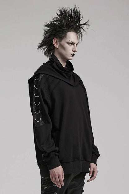 Black High Collar Long Sleeves Stitching Hooded Mens Steampunk Jacket