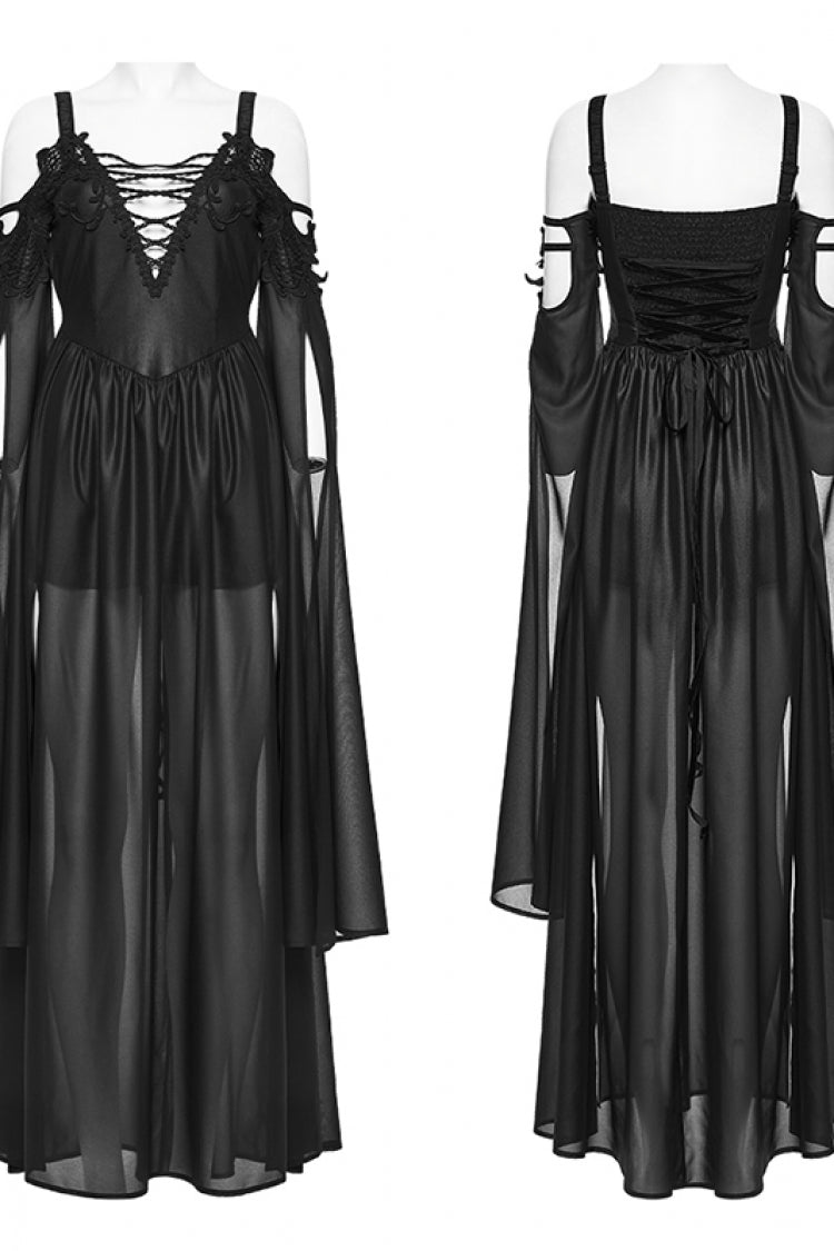 Black Off Shoulder Long Sleeves Embroidered Lace-Up Women's Gothic Elegant Dress Wedding Dress