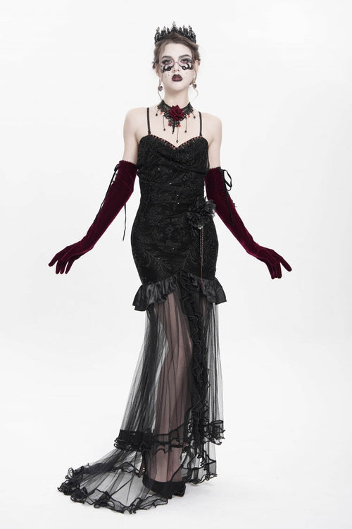 Black Floral Embroidery Mesh Hem Women's Gothic Long Slip Dress