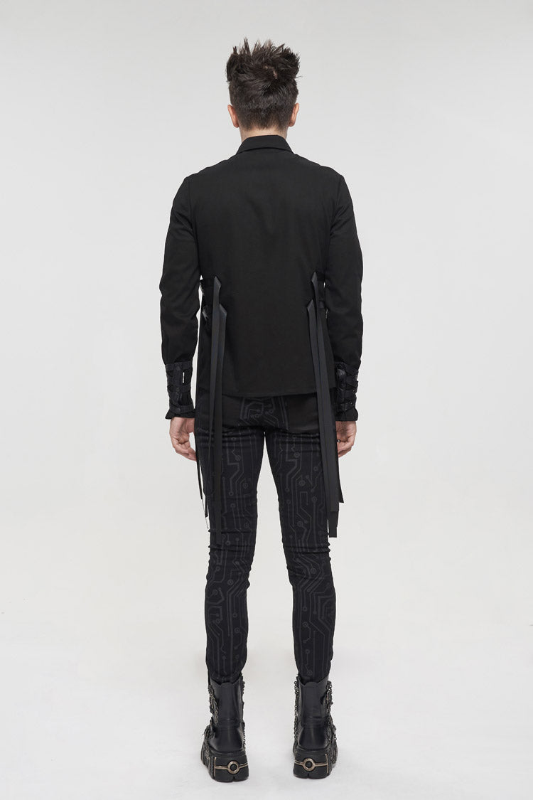 Black Nylon Strap Metal Buckle Decoration Long Sleeve Elasticity Men's Punk Shirt