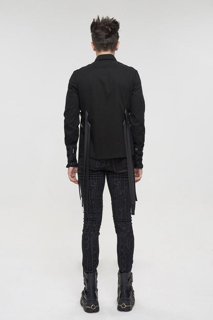 Black Nylon Strap Metal Buckle Decoration Long Sleeve Elasticity Men's Punk Shirt