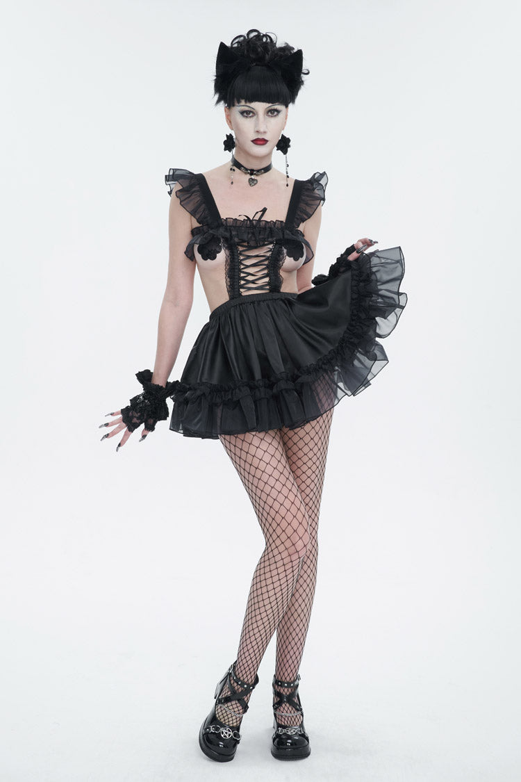 Black Glossy Sheer Ruffled Stretch Sexy Women's Gothic Maid Dress