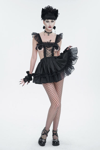 Black Glossy Sheer Ruffled Stretch Sexy Women's Gothic Maid Dress
