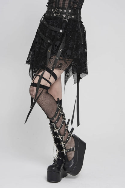Black Double-Layered Lace Lace-Up Irregular Mesh Eyelet Women's Punk Skirt