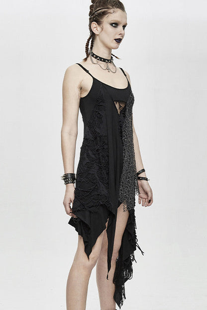 Black Asymmetrical Punk Torn Broken Holes Knitted Womens Slip Dress