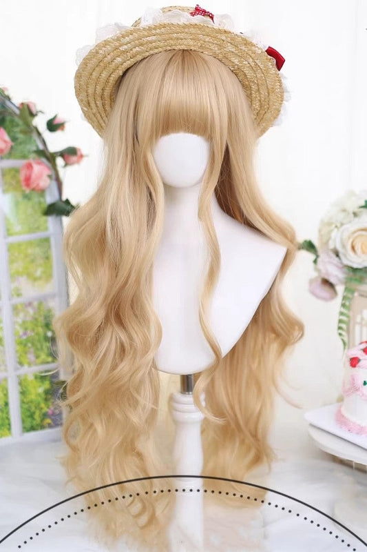 Almond Blonde Long Wavy Blunt Bangs Daily Sweet Lolita Wig