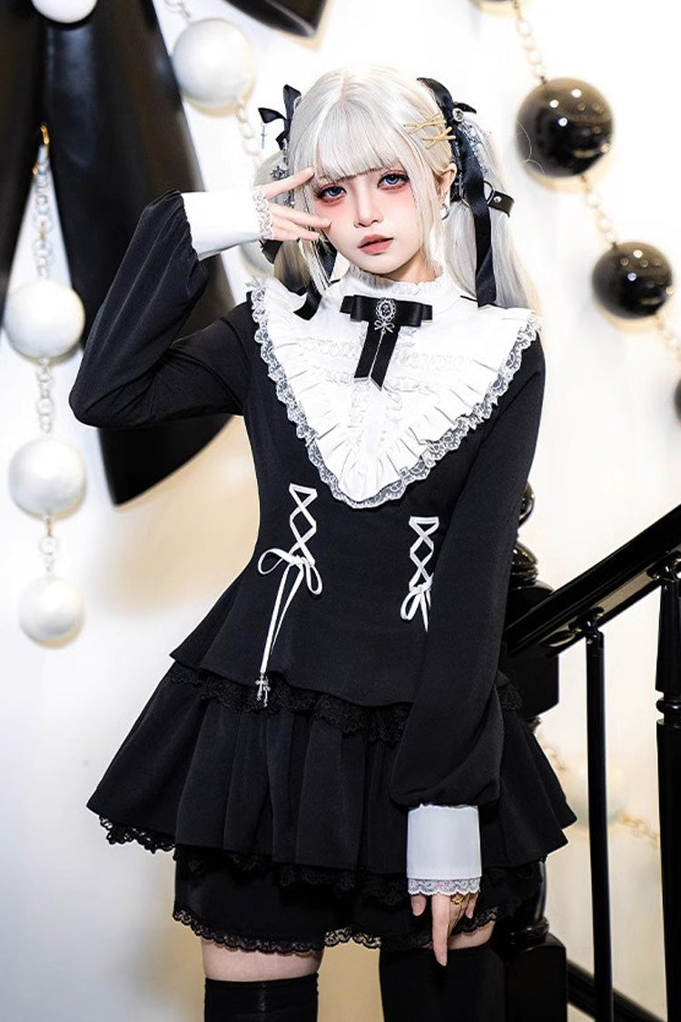 Black Long Sleeves Ruffle Lace-Up Sweet Handsome Lolita Dress
