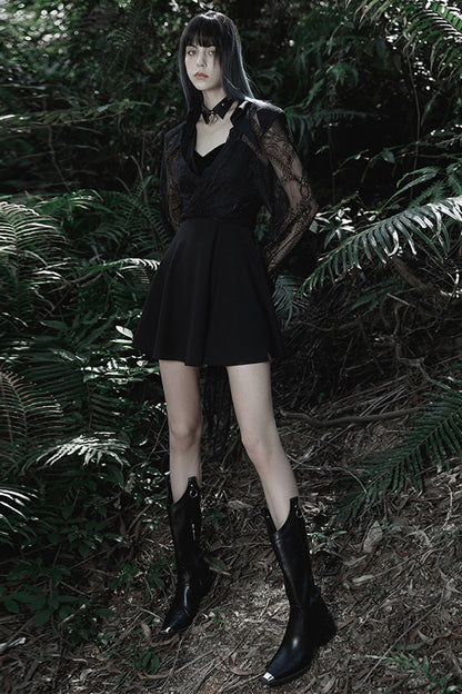 Black Bat Fleece Embroidered Sun Gothic Suspender Women's Dress