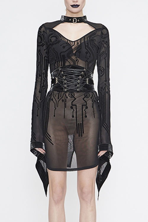 Black Circuit Diagram Flocking Printed Flared Sleeve Womens Gothic Dress