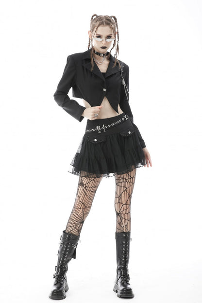 Black Lapel Collar Long Sleeves Chain-Decorated Women's Punk Irregular Short Jacket