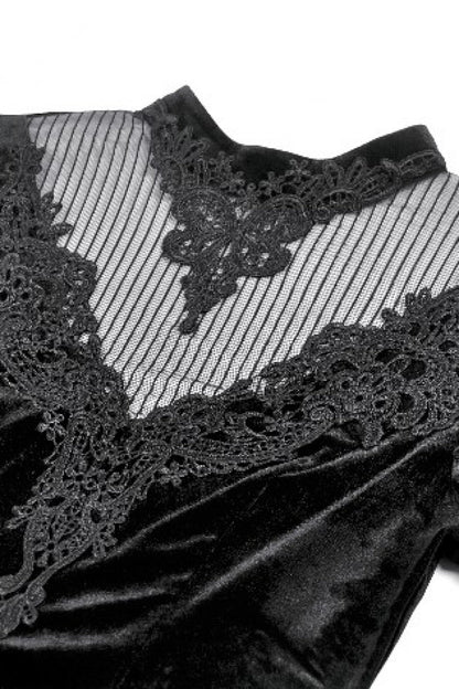 Black Multi-Layered Long Flare Sleeves Embroidered Sheer Mesh Splice Velvet Women's Gothic Top
