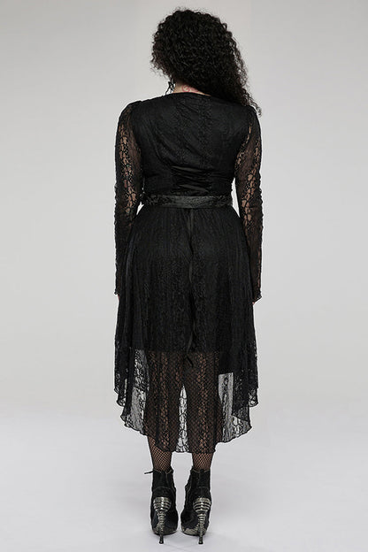 Black Elasticity Modal Cotton Fabric Patchwork Lace Metal Buckle Belt Long Hem Long Sleeve Women's Plus Size Gothic Dress