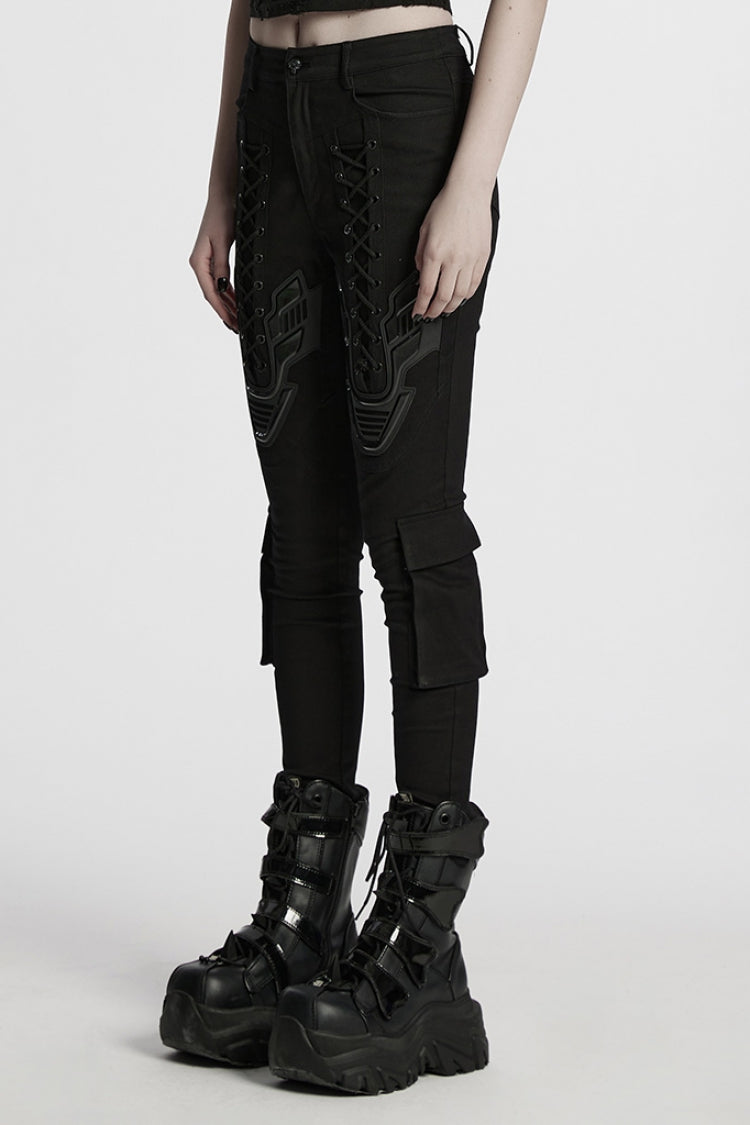 Black Lace-Up Strappy Big-pocket Women's Punk Leggings