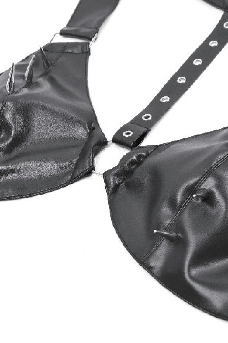 Black Metal Studded Women's Punk Faux Leather Bustier Crop Top with Adjustable Clasps