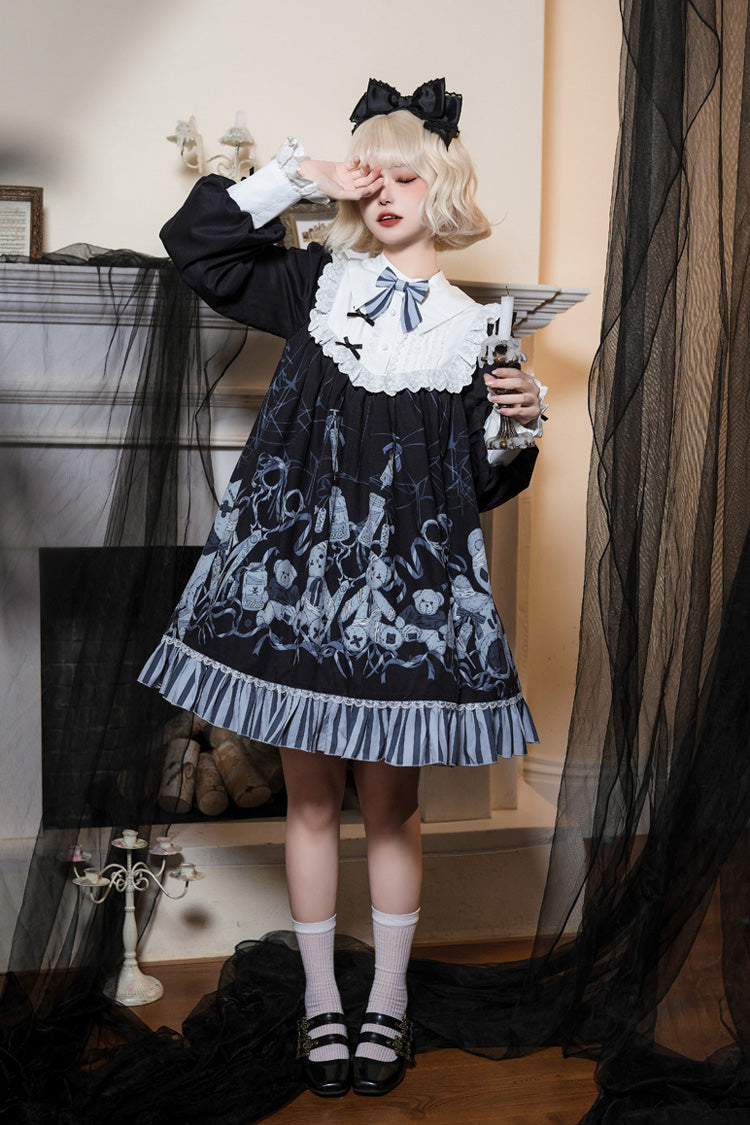Black Bandage Bear Print Long Sleeves Ruffle Bowknot Lace Gothic Lolita Dress