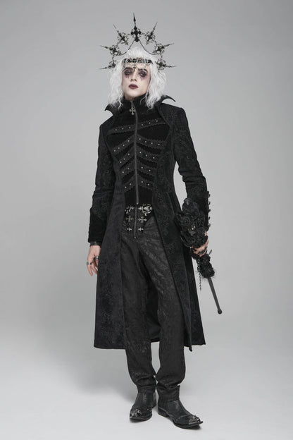 Black Diamante Stand Collar Long Sleeves Printed Zippered Men's Gothic Long Coat