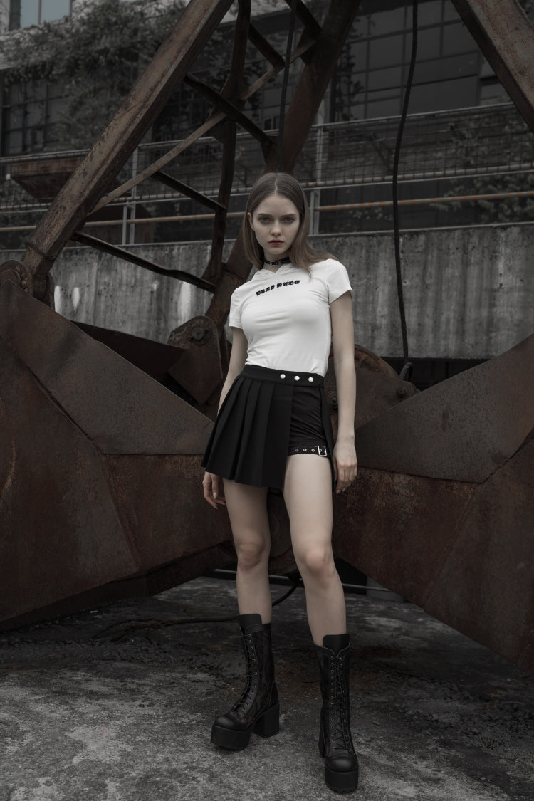 Black Fake Two Pieces Side Metal Buckle Women's Punk Skirt